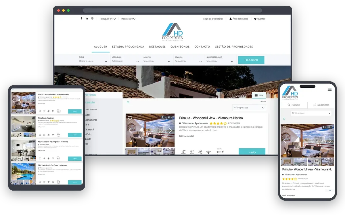 Website de reservas da HD Properties apresentado em computador, tablet e telemóvel, com motor de pesquisa e listagem de alojamentos no Algarve